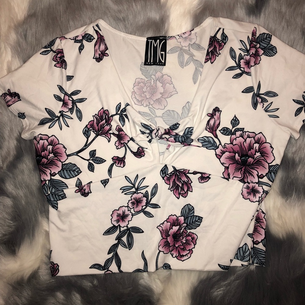 Tie-front white floral crop top